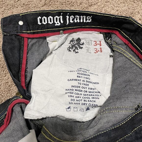 Coogi Jeans Mens 34x33 Dark Wash Baggy Embroidered Yellow Hornet Bee Y2K Hip Hop - Picture 9 of 15